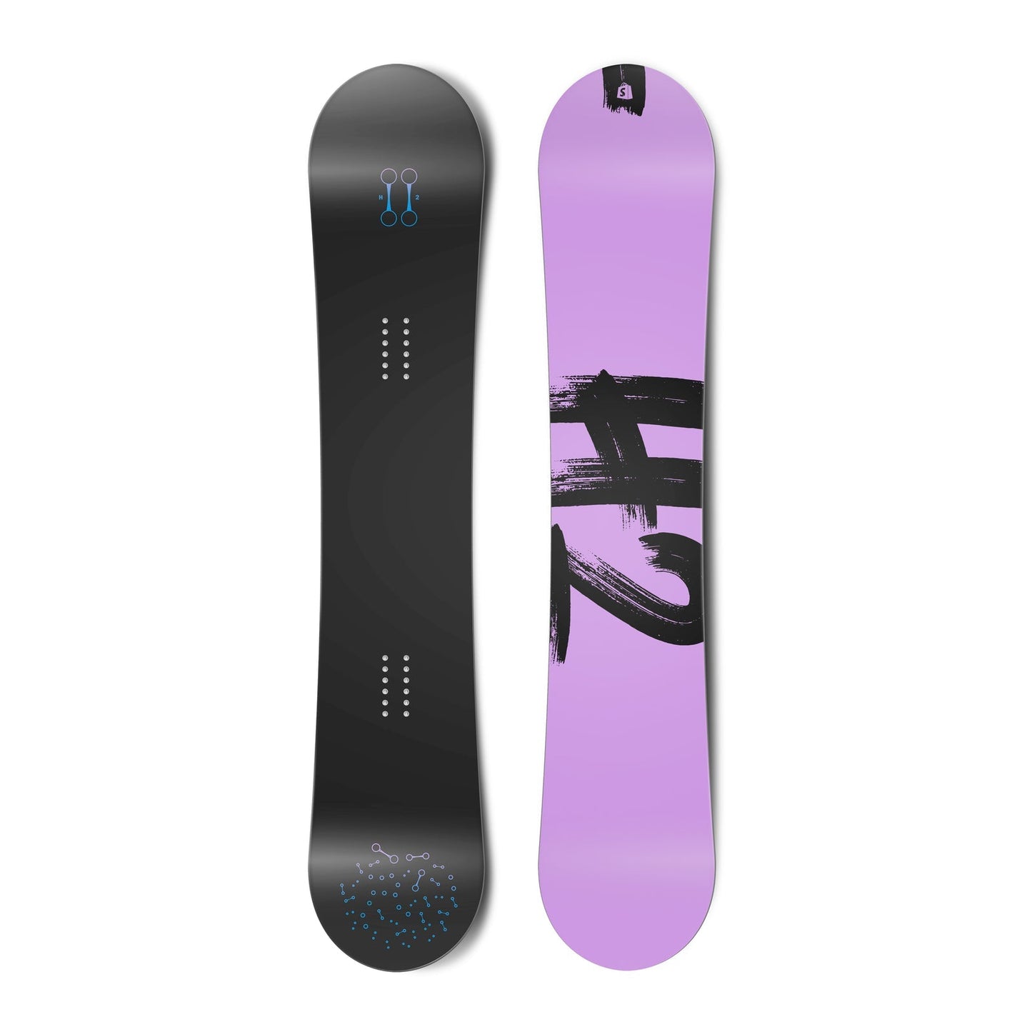 Top and bottom view of a snowboard. The top view shows stylized hydrogen bonds and the bottom view
        shows “H2” in a brush script typeface.