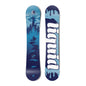 Top and bottom view of a snowboard. The top view shows a stylized scene of water, trees, mountains,
        sky and a moon in blue colours. The bottom view has a blue liquid, drippy background with the text “liquid” in
        a stylized script typeface.