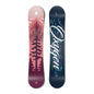 Top and bottom view of a snowboard. The top view shows a stylized scene of trees, mountains, sky and
        a sun in red colours. The bottom view has blue wavy lines in the background with the text “Oxygen” in a
        stylized script typeface.