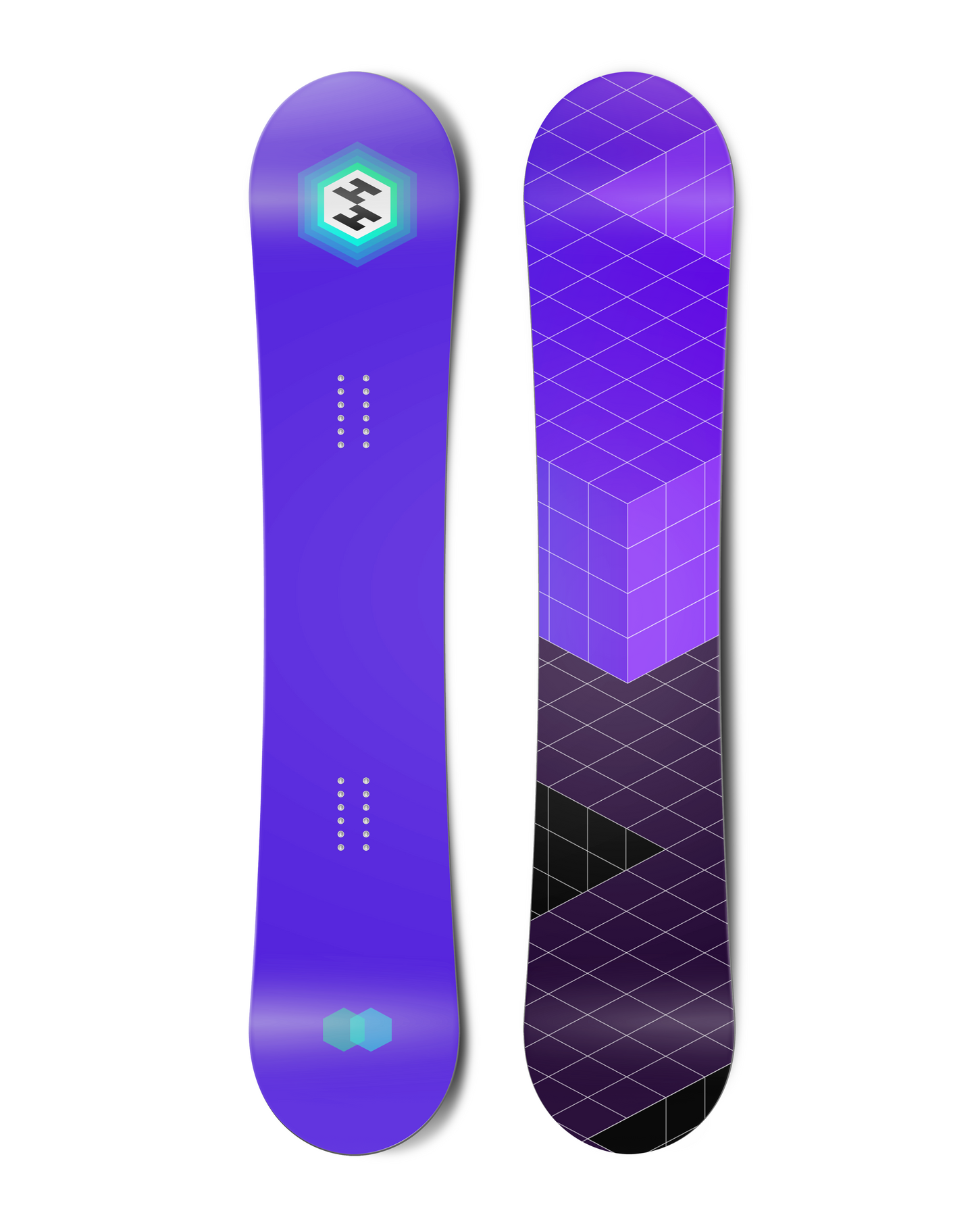 Top and bottom view of a snowboard. The top view shows a centred hexagonal logo for Hydrogen that
          appears to radiate outwards, as well as some overlapping hexagons at the bottom. The bottom view shows an
          abstract angular grid in purples.