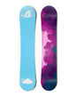 Top and bottom view of a snowboard. The top view shows pixelated clouds, with the top-most one being
        the shape of the Shopify bag logo. The bottom view has a pixelated cloudy sky with blue, pink and purple
        colours.